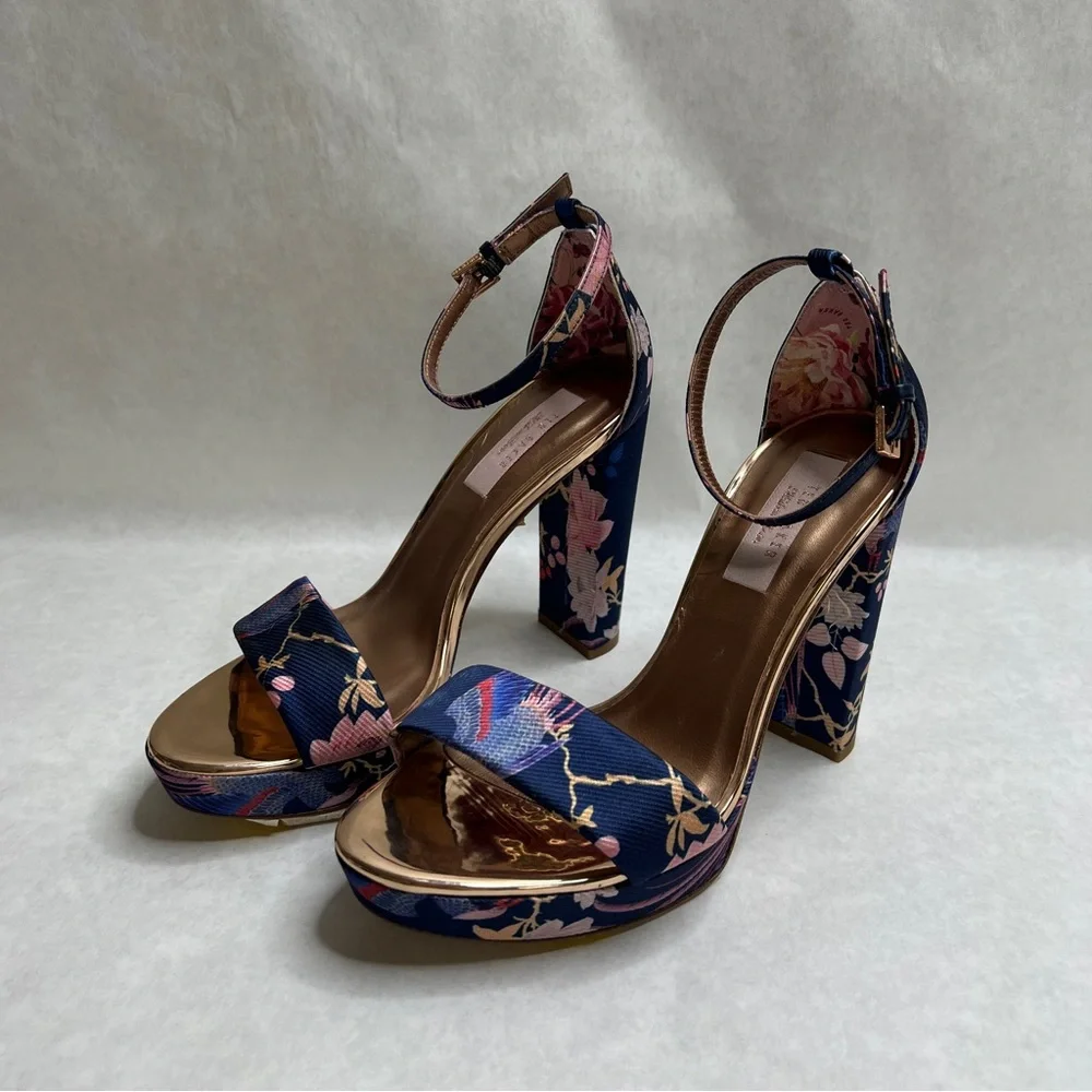 TED BAKER Navy Chinoiserie Junaaa Jacquard Platform Sandals - Sz 38 / 7.5 - Picture 6 of 16